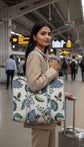 Beige White Floral Quilted Large Tote Bag