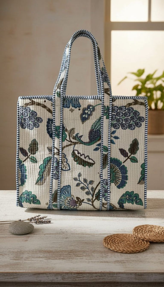 Beige White Floral Quilted Large Tote Bag