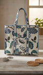 Beige White Floral Quilted Large Tote Bag