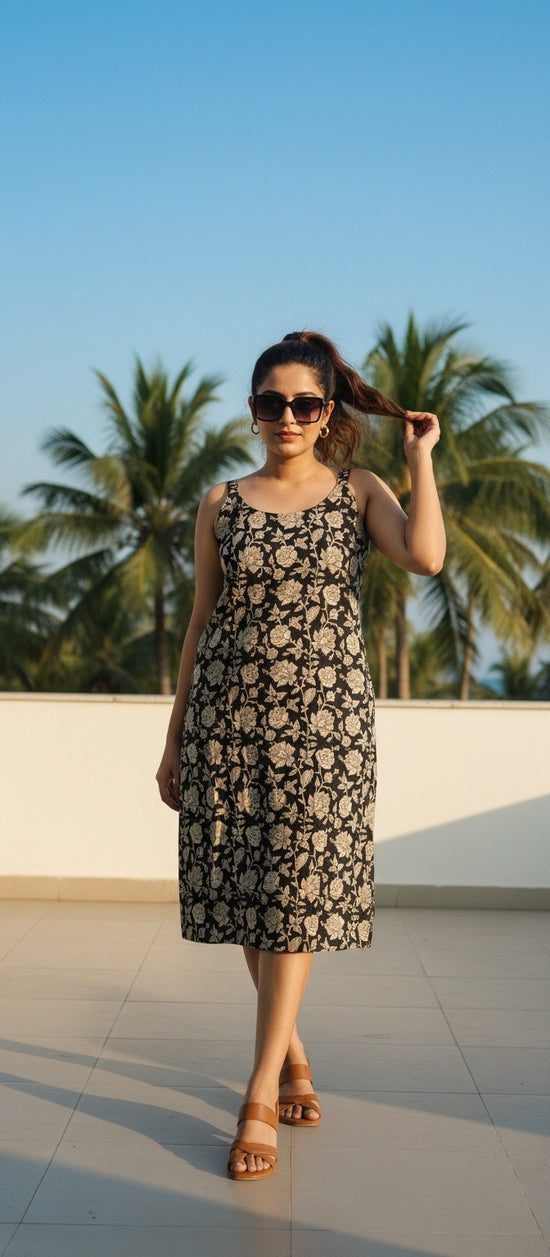 Black with Cream Floral Kurta in Bagru Print - HSK001