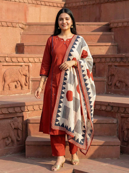 Classic Red Dabbu Cotton Salwar Set - CS003