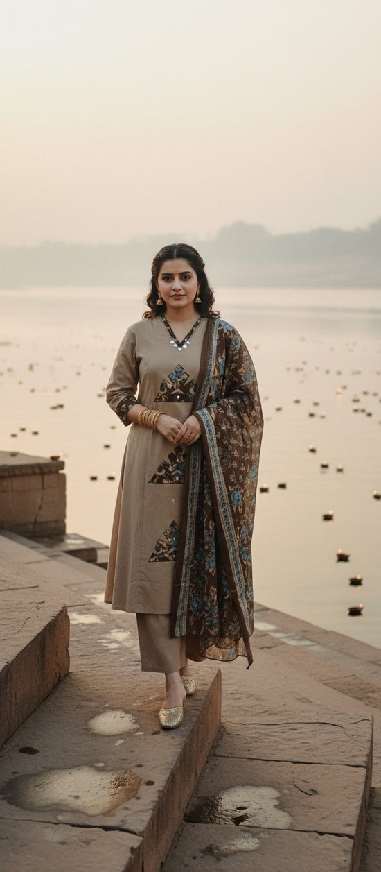 Cream with Brown Dabu Cotton Salwar Set - CS007
