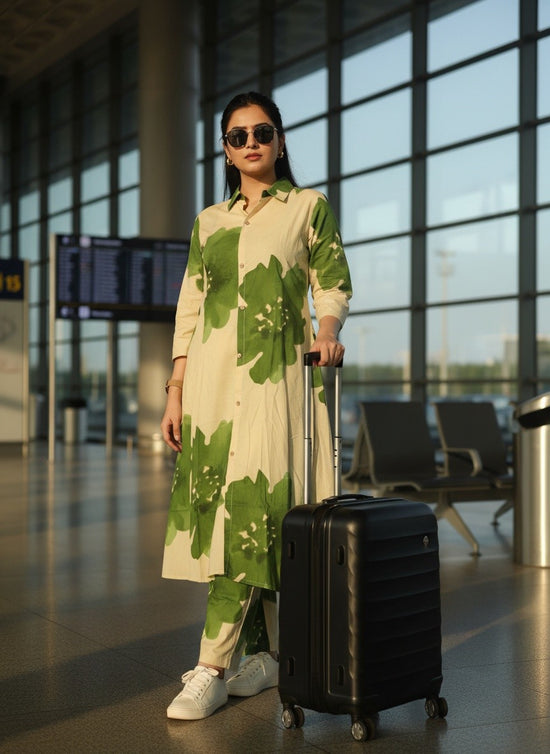 Cream with Green floral Long Coord Set - CSD002