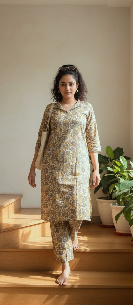 Cream Yellow Cambric Cotton  Kurta Pant Set – KP022