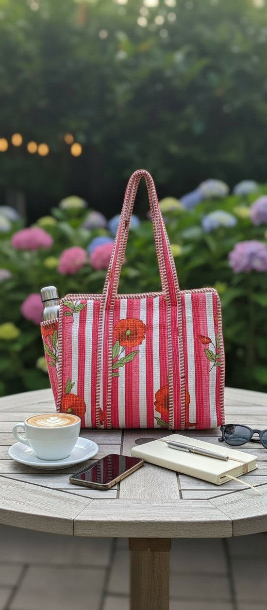 Dark Pink Striped Quilted Medium Tote Bag