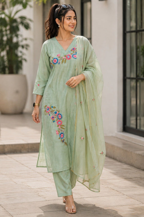 Dual shade Green Bamboo Linen Embroidered  Salwar Set – LS010