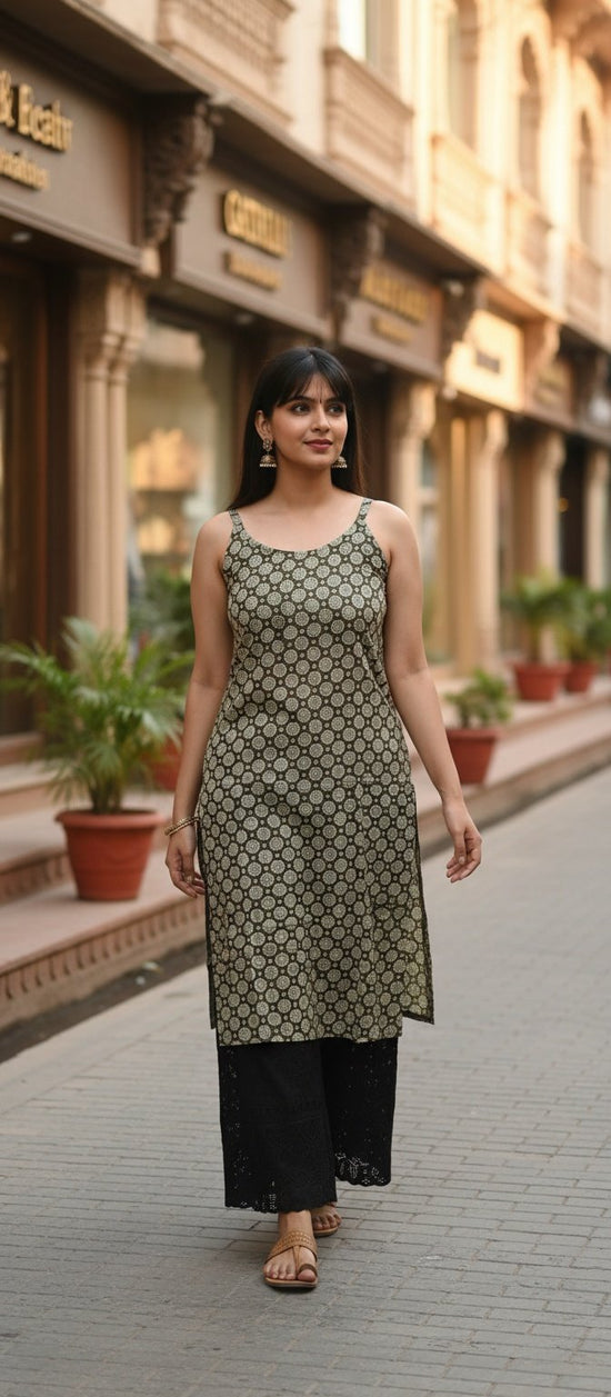 Green Floral Kurta in Bagru Print - HSK04
