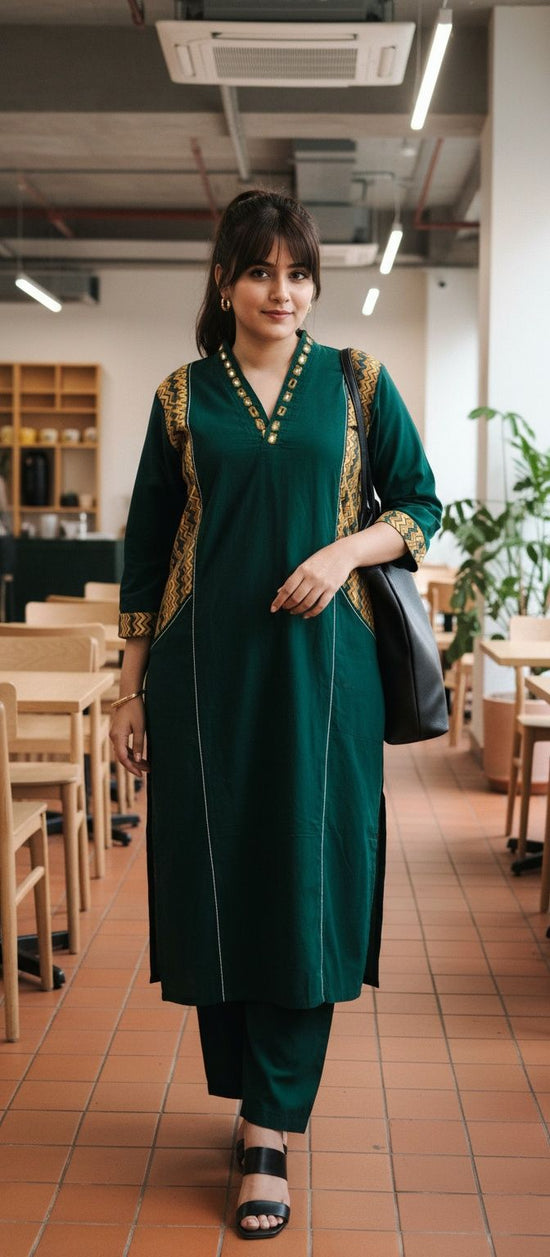 Green Kurta Pant Set with Yellow Ikkat Patch - KP001