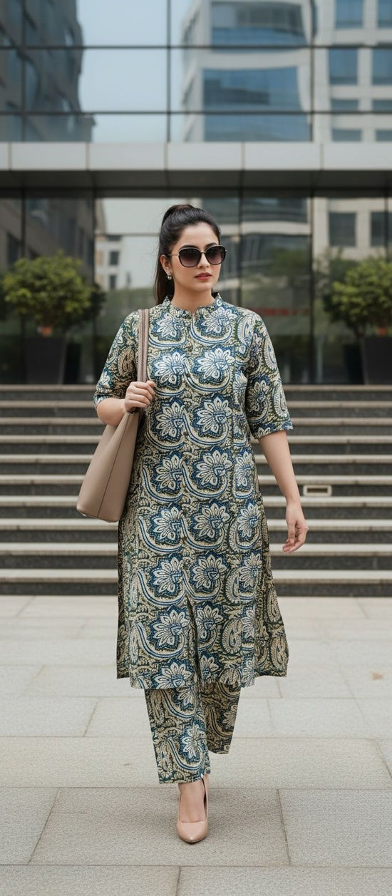 Greenish Blue Kalamkari Kurta Pant Set – KP018