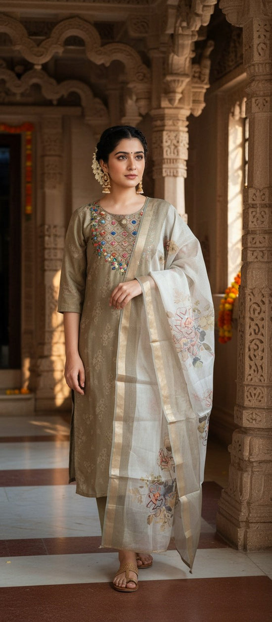 Greenish Gray Mul Silk Salwar Set with Hand embroidery - MSS001