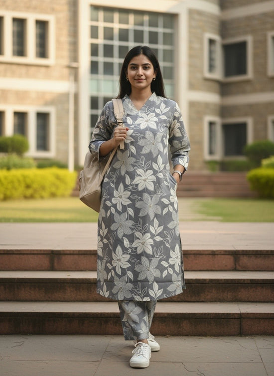 Grey Floral Kurta Pant Set - KP008