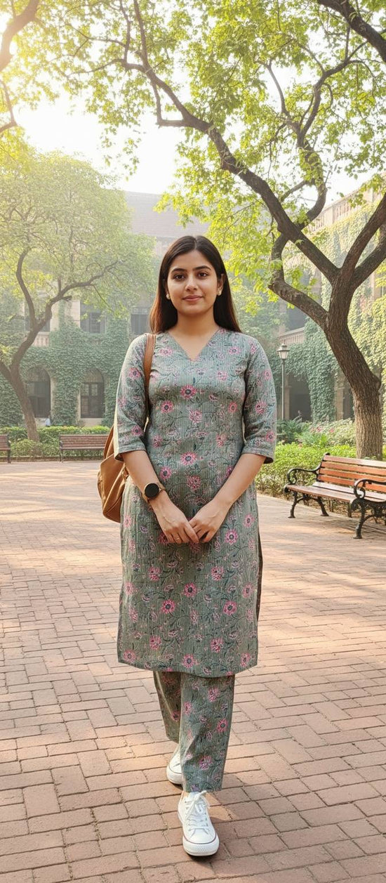 Blue - Grey Kantha Print Cotton kurta pant set - KP014