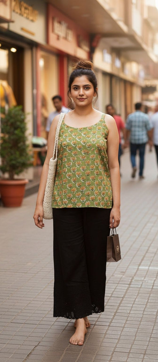Light Green Short Top with leaf motifs in Cambric Cotton - HST002