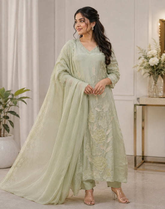 Mulchanderi Self Appliqué A-Line Salwar Set – MCS004