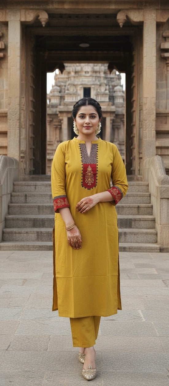 Mustard Yellow Kurta Pant set with Ajrakh patch - KP002