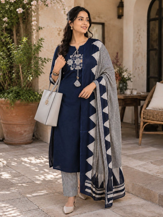 Navy Blue Striped Cotton Salwar Set – CS024