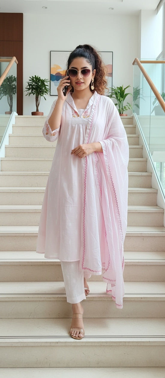 Pastel Pink Collar Neck Jacquard Cotton Salwar Set – CS018