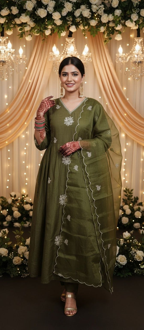 Premium Dark Green Mulchanderi Salwar Set - MCS001