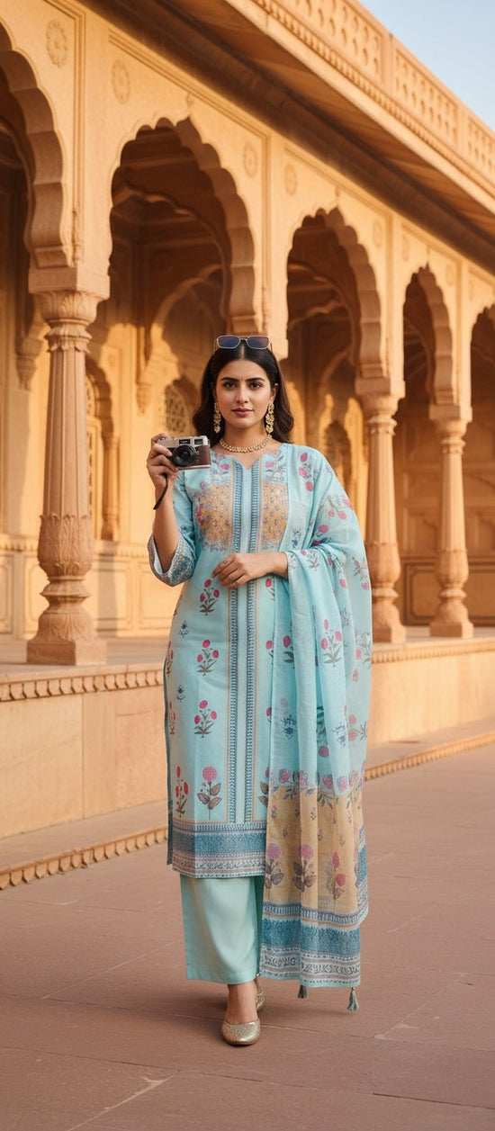 Premium Linen Aqua Blue Salwar Set - LS004