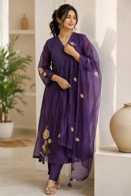 Purple Kota Embroidered A-Line Umbrella Salwar Set – KS002