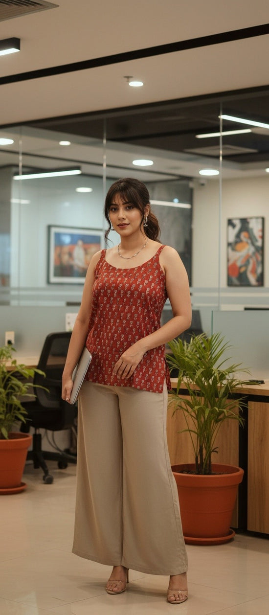 Red Floral Cotton Short Top in Bagru Print - HST006