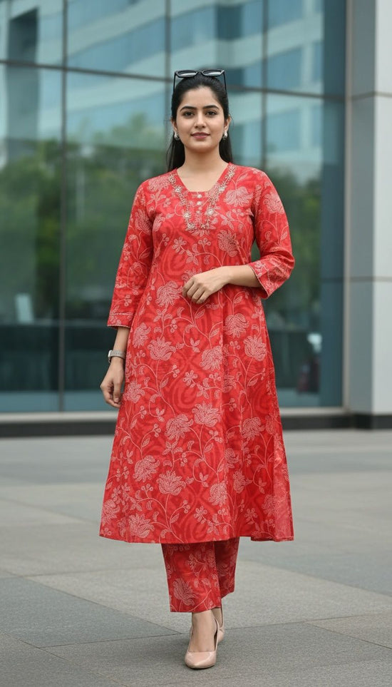 Red Floral Kurta Pant set - KP007