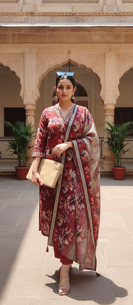 Red Floral Viscose Silk Salwar Set - VS001