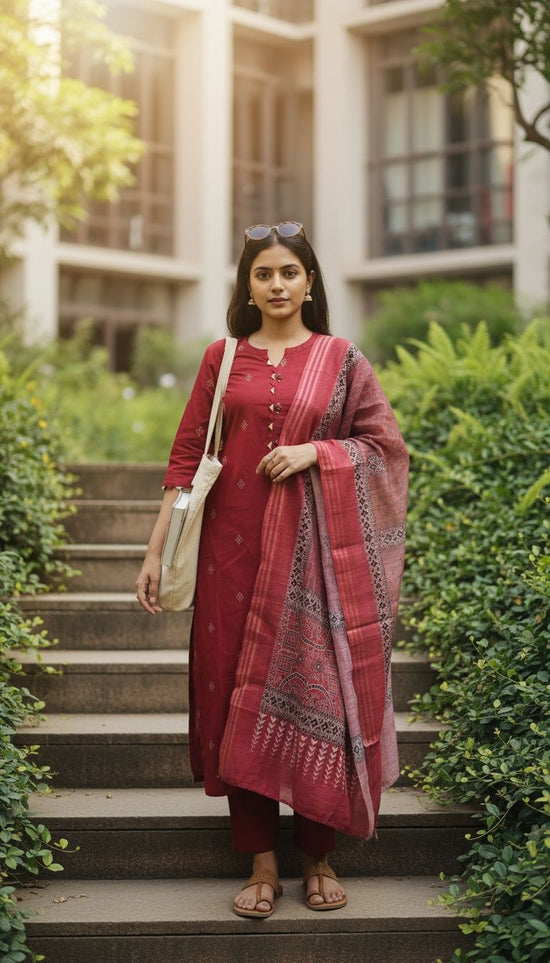 Red Handloom Cotton Salwar Set - CS010