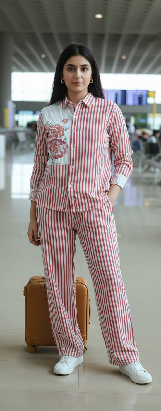 Red Striped Co-ord Set with Appliqué Patch Detailing - CSD003