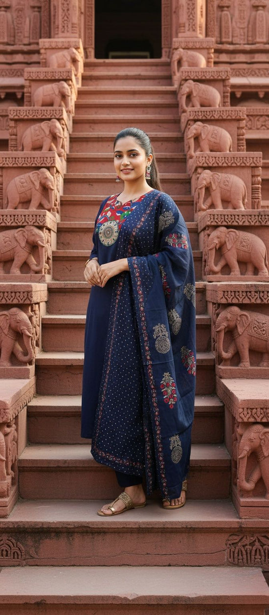 Royal Blue Dabbu Cotton Salwar Set with Kalamkari Patch - CS002