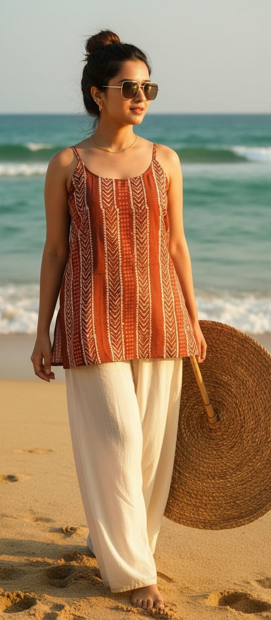 Rust Orange Batik Print Cotton Short Top - HST003