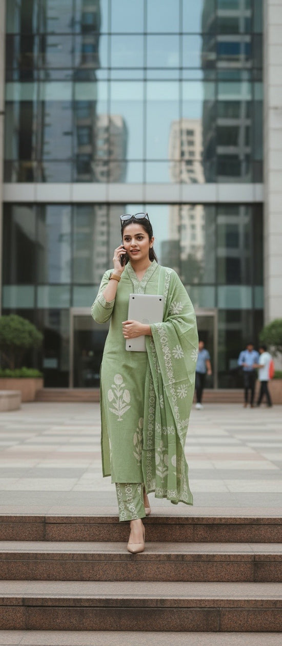 Sage Green Printed Cotton Salwar Set – CS021
