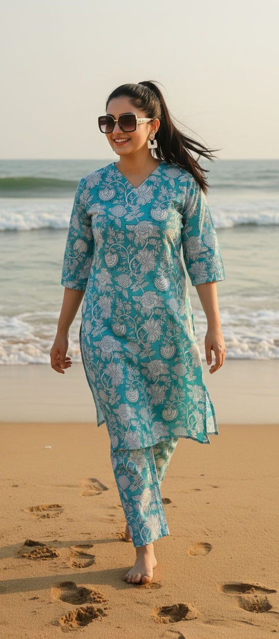 Sea Blue Hand Block Printed Kurta Pant Set – KP020