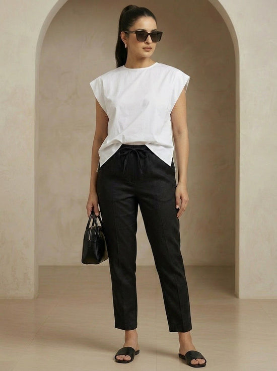 Solid Black Cotton Narrow Pant with Drawstring