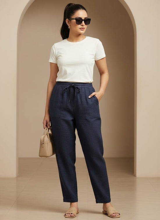 Solid Dark Blue Cotton Narrow Pant with Drawstring