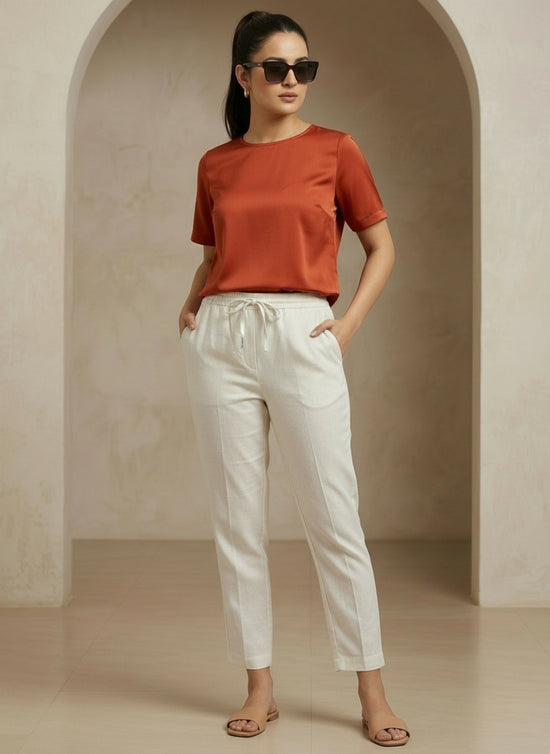 Solid Half white Narrow Pant with Drawstring