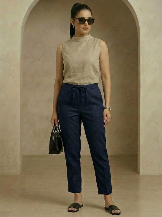 Solid Navy Blue Cotton Narrow Pant with Drawstring