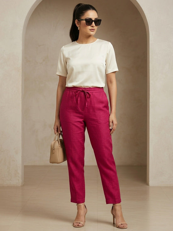 Solid Red Cotton Narrow Pant with Drawstring