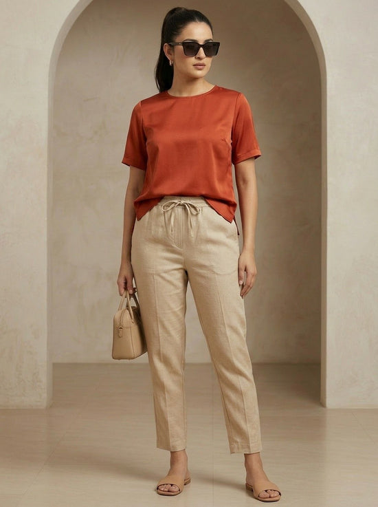 Solid Sandal shade Cotton Narrow Pant with Drawstring