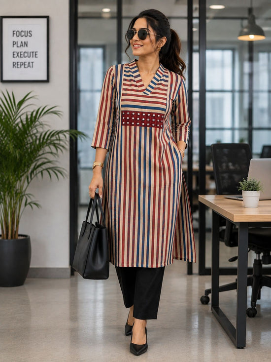 Striped Hand Block Kurta Pant Set – KP028