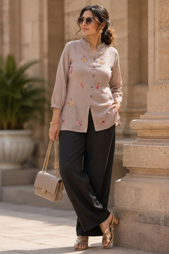 Taupe Bloom Embroidered Mulchanderi Shirt with Inner – SH001