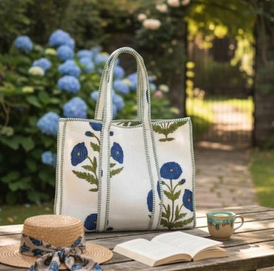 White & Blue Quilted Large Tote Bag