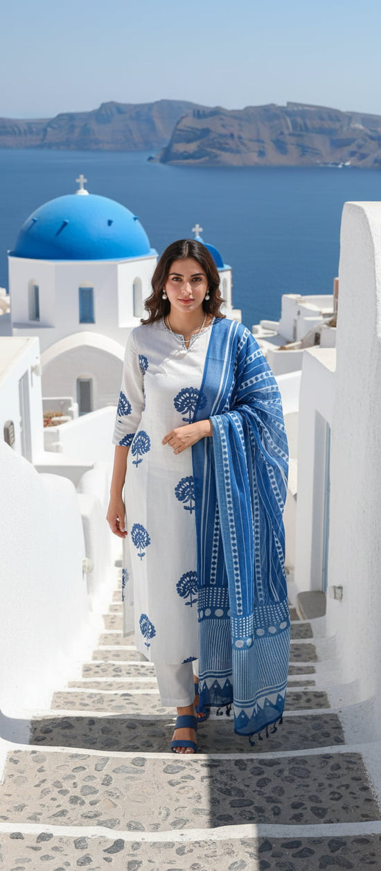 White & Indigo Linen Block Print Salwar Set - LS001