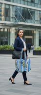 White with Blue Striped Quilted Medium Tote Bag