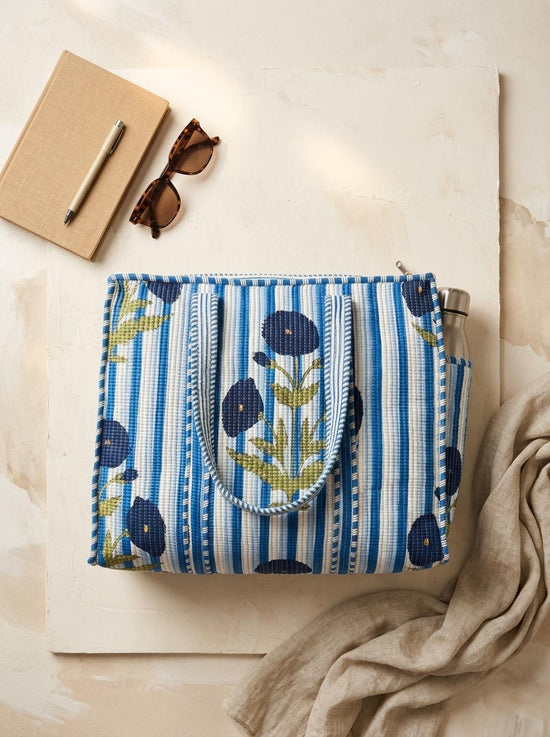 White with Blue Striped Quilted Medium Tote Bag