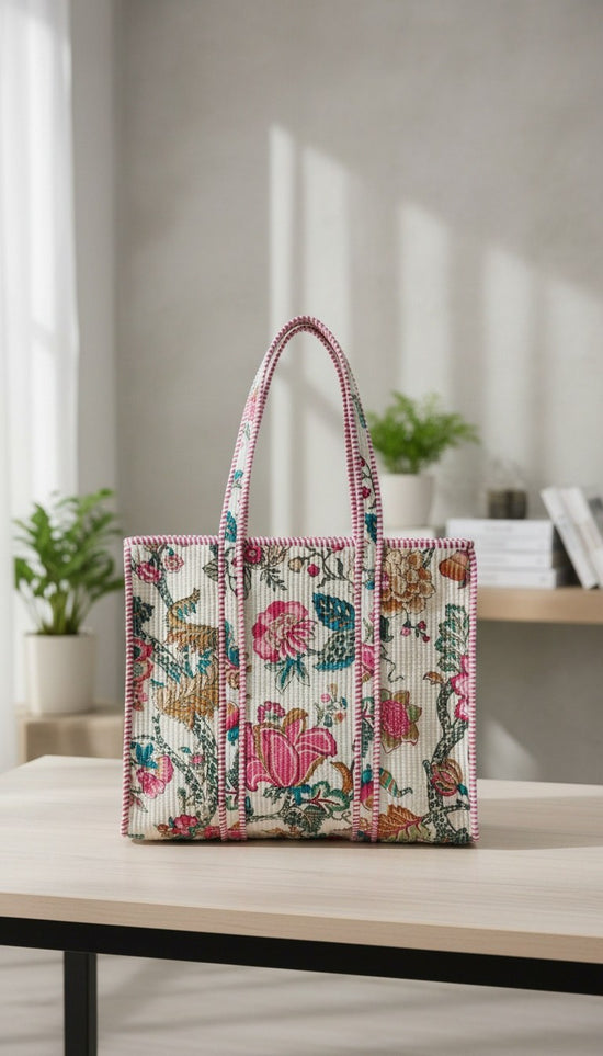 White with Pink Floral Quilted Large Tote Bag
