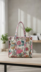 White with Pink Floral Quilted Large Tote Bag