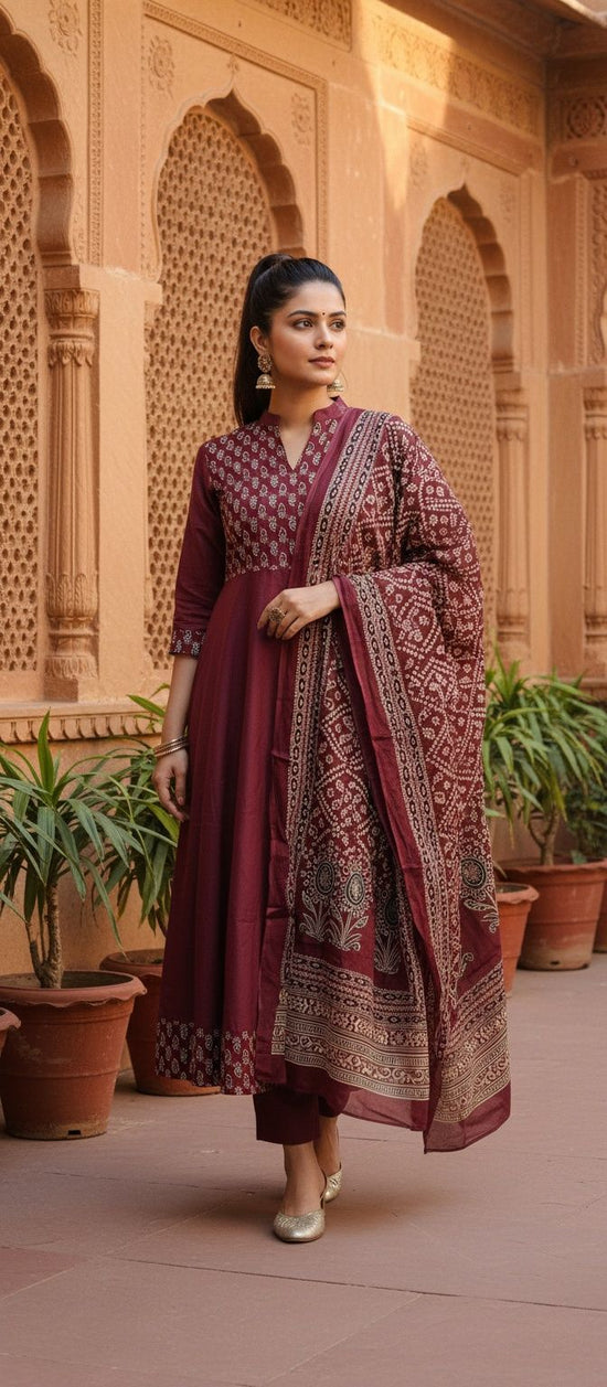 Wine Cotton Umbrella Salwar Set - CS013