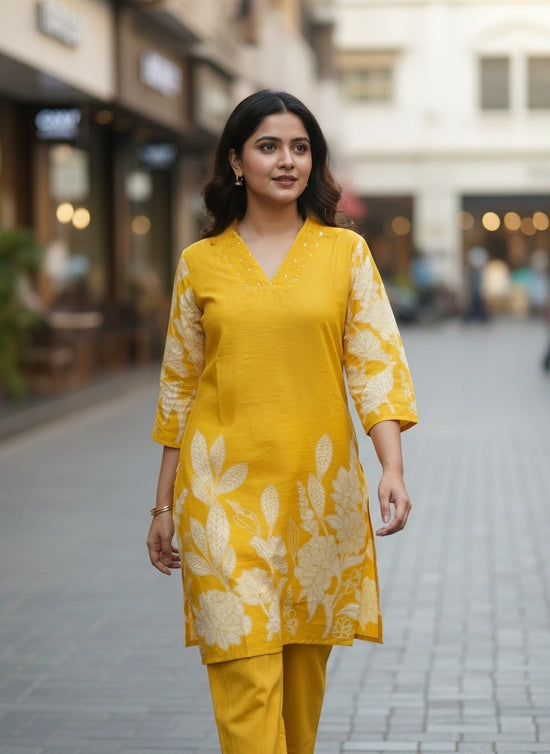 Yellow Mul Cotton Floral Kurta Pant Set - KP009